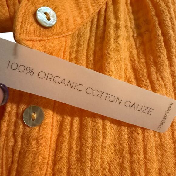 NWT Magaschoni thigh length full sleeve button up orange cream dress Size M - Picture 12 of 12